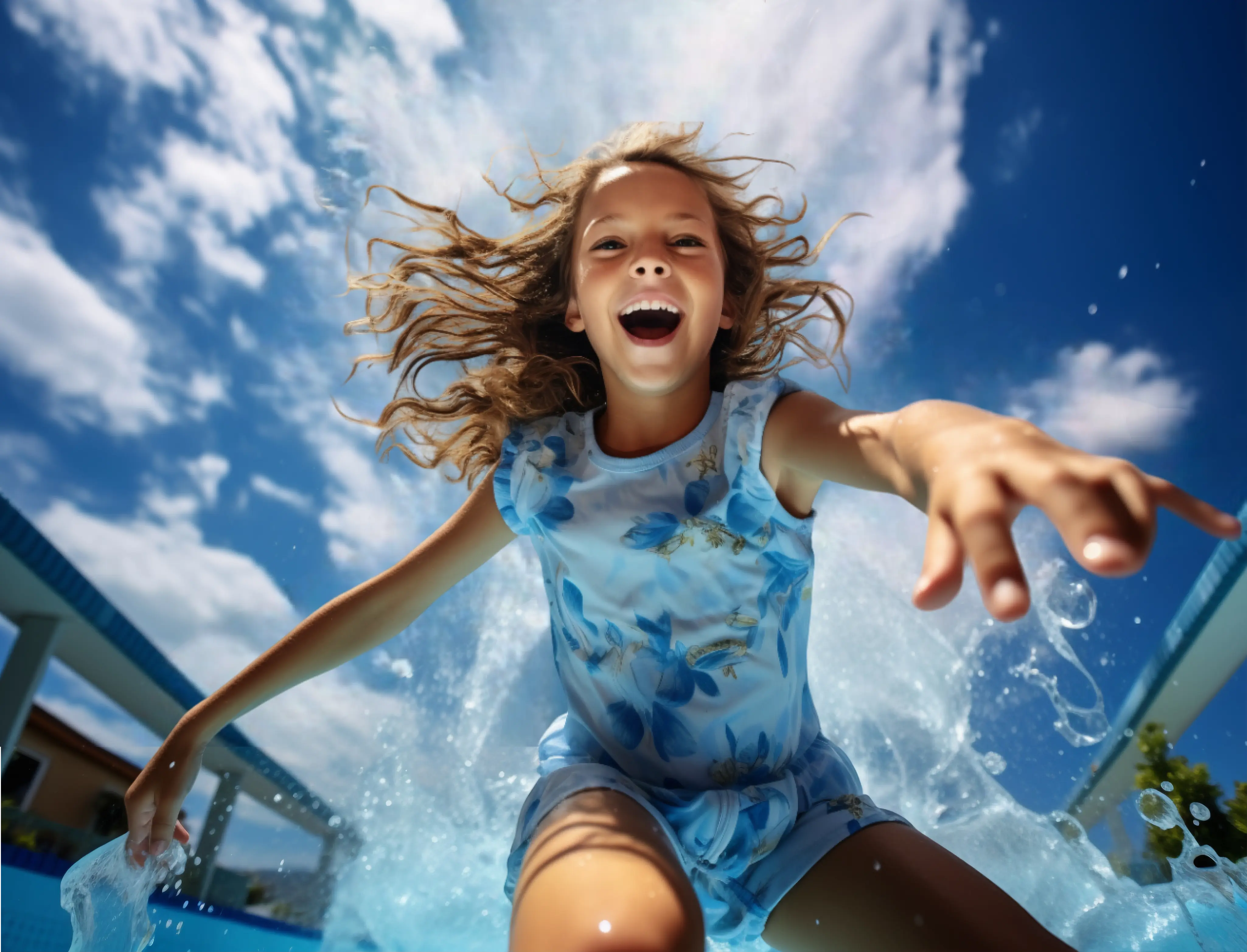 happy young girl splashing water in a swimming pool with a bright sky background